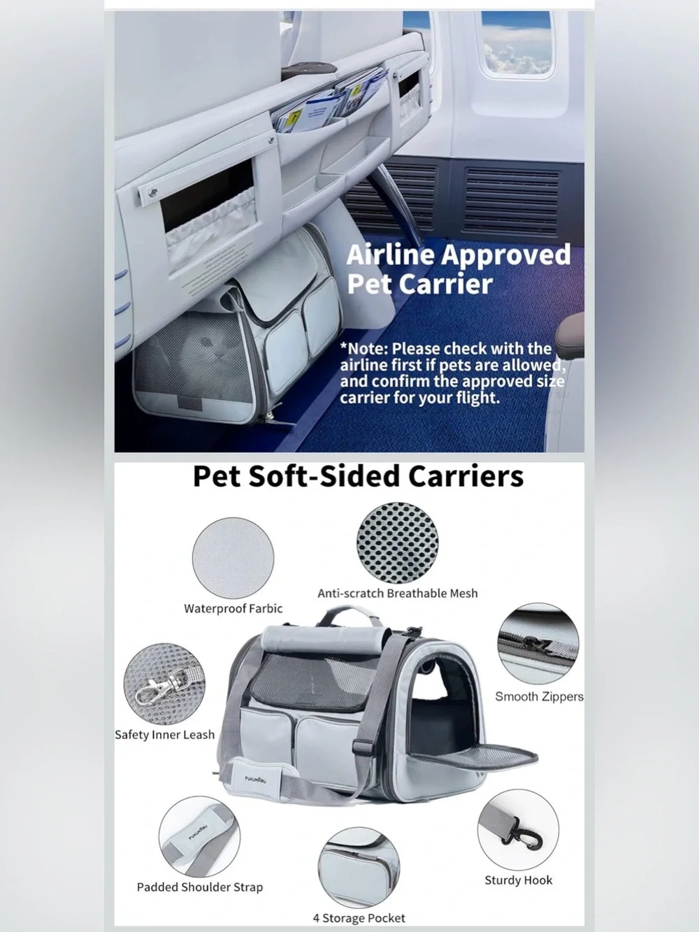 Soft-Sided Pet Travel Carrier - Light Gray Airline-Approved Pet Bag